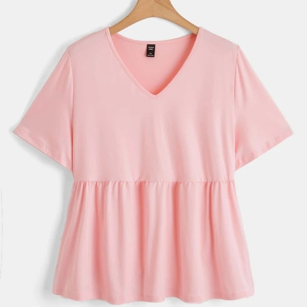 SHEIN V-Neck Ruffle Hem Tee Short Sleeve Blouse Baby Pink Top Size Medium